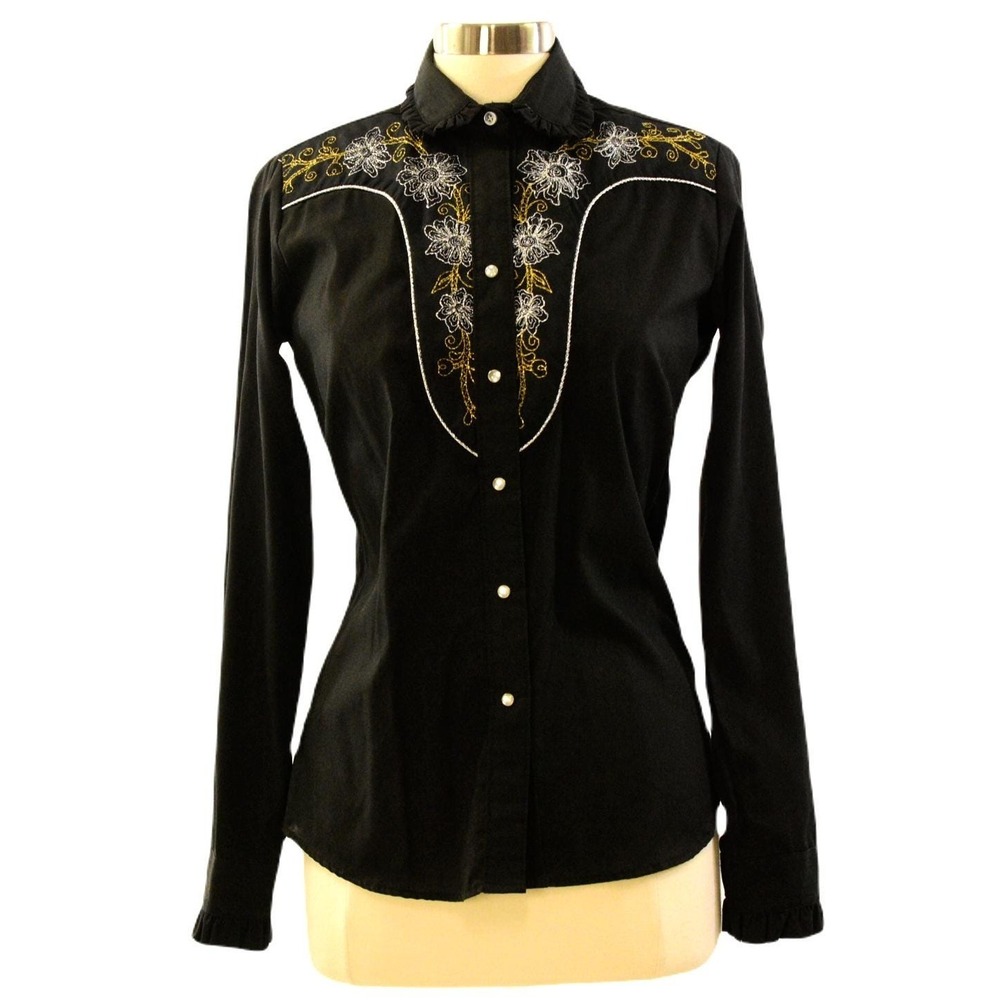 Vintage Rockmount Ranch Wear Western Shirt Womens M Black Embroidered Pearl Snap